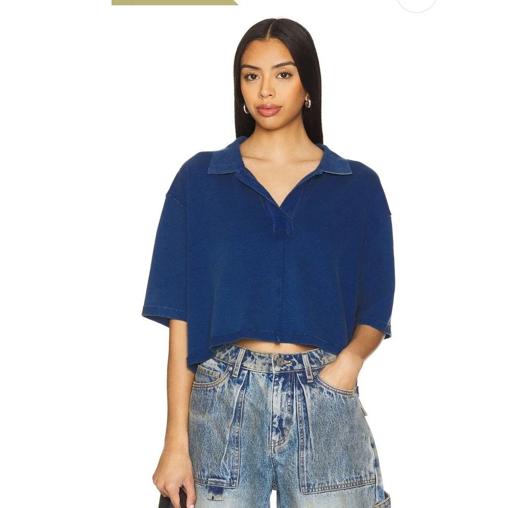 We The Free Free People Cropped Polo Shirt Blue Waffle‎ Knit Boxy Top L